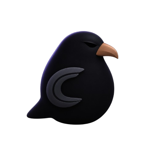Crowby-1: un cuervo negro con la cabeza vuelta a la derecha y el ojo encendido en cobre.